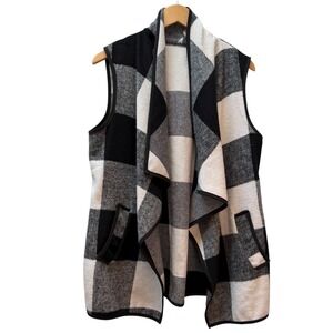 Womens Plaid Waterfall Vest Open Front Sleeveless Pocket Cardigan Size L